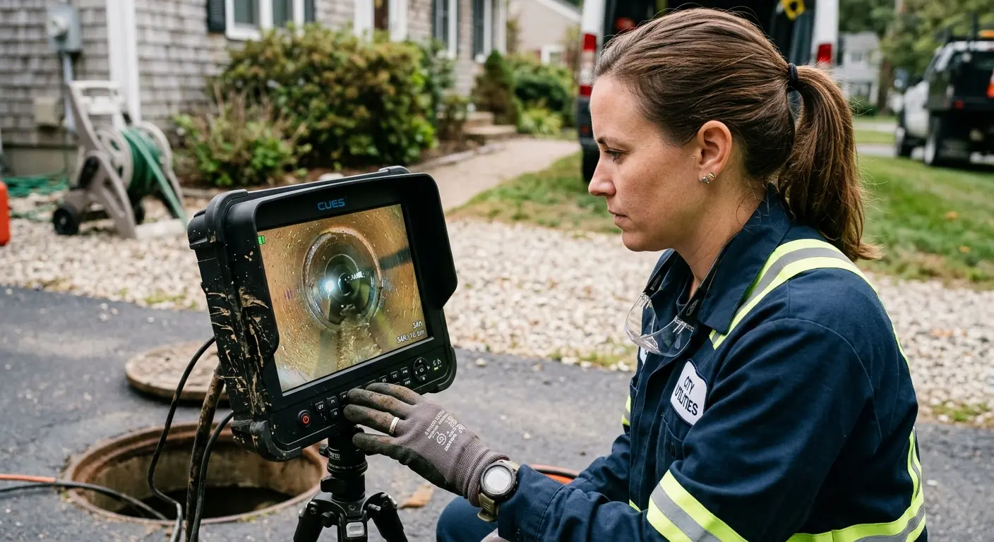 Technician reviewing sewer camera inspection footage in Bangor Base