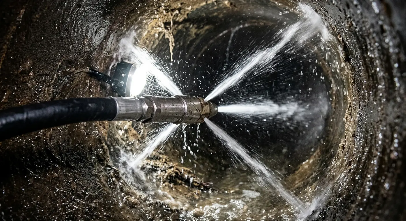 High-pressure hydro jetting nozzle cleaning sewer pipe for Emergency Drain Service in Bangor Base
