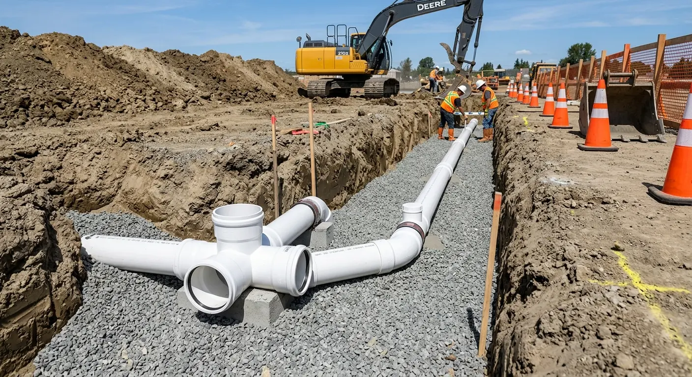 New PVC sewer pipe installation in open trench for Sewer Backup in Bangor Base