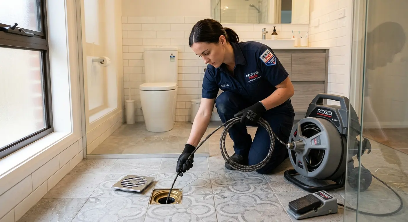 Technician clearing a bathroom floor drain for Drain Cleaning in Bangor Base